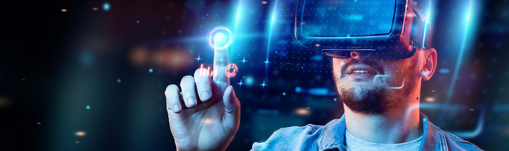 Portrait of a man with glasses of virtual reality, vr, interacts with a virtual screen. The concept of the future is here, applications complement reality, the interface of virtual reality